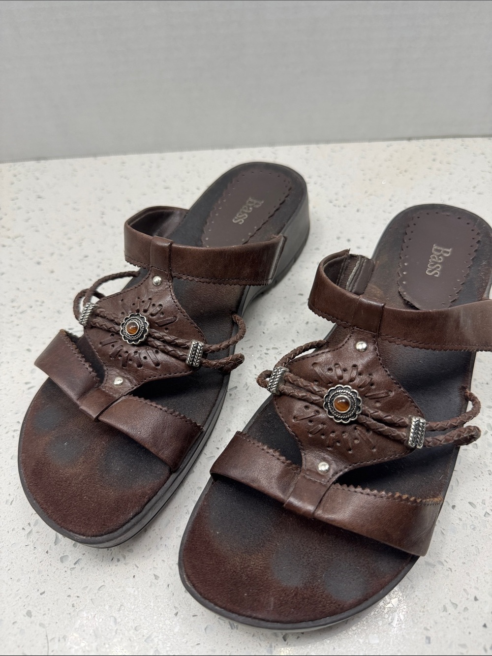 Bass Women's Brown Leather Slide Sandals with Decorative Concho Accents